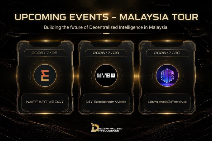 Promotional graphic for 'Upcoming Events - Malaysia Tour' featuring three blockchain events: NARRATIVE DAY (2026/7/28), MY Blockchain Week (2026/7/29), and Ultra Web3 Festival (2026/7/30), branded by Decentralized Intelligence.