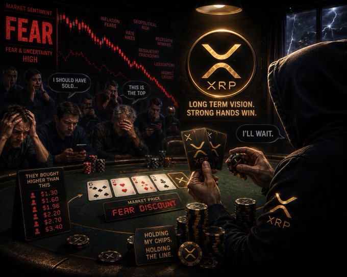 A dramatic promotional image for XRP showing a hooded figure at a poker table surrounded by anxious players, with text including 'FEAR', 'LONG TERM VISION. STRONG HANDS WIN.', and 'I'LL WAIT.'