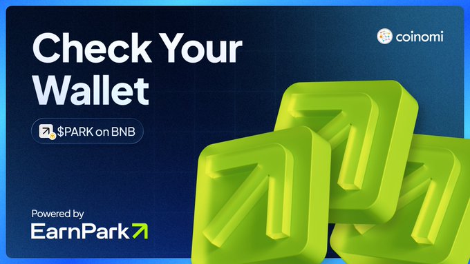 A promotional graphic reading 'Check Your Wallet $PARK on BNB', powered by EarnPark, featuring green stacked 3D logos.