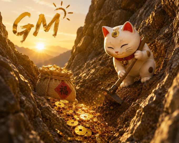 A maneki-neko (lucky cat) figurine with a pickaxe next to a sack of gold coins in a rocky mountain setting at sunrise, with 'GM' (Good Morning) written in the sky.