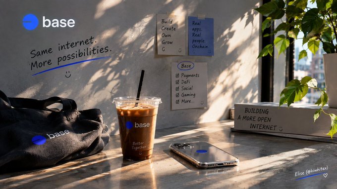 A promotional image for 'base' displaying the tagline 'Same internet. More possibilities.' alongside a coffee cup, tote bag, and sticky notes listing features like Payments, DeFi, Social, and Gaming.