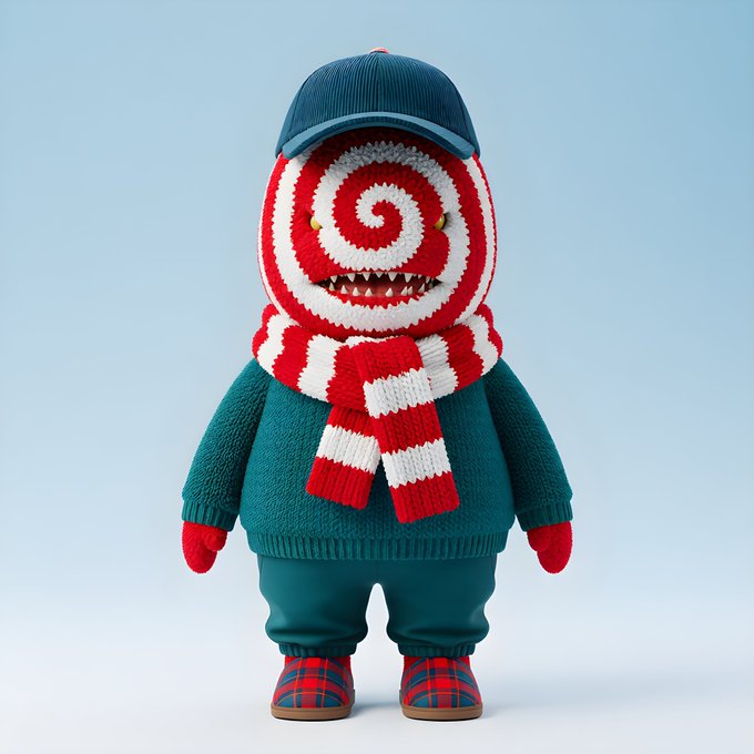A 3D rendered character wears a teal sweater, blue cap, and red and white striped scarf, with a spiral red and white patterned face and sharp teeth.