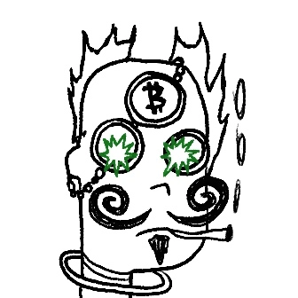 A black and white line drawing of a stylized skull-like face featuring a Bitcoin 'B' symbol on its forehead, cannabis leaves for eyes, swirling mustache details, and smoke rising from a pipe in its mouth.