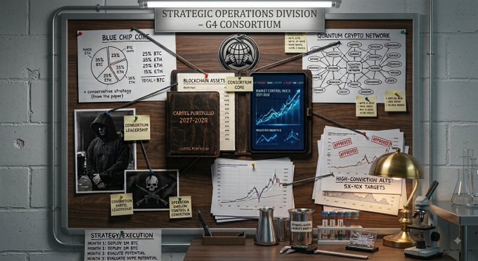 A strategic operations board for the "G4 Consortium" displays a "Blue Chip Core" portfolio allocation (25% each to $BTC, $ETH, $Sol, $Hype, $BNB) alongside a "Quantum Crypto Network" diagram, pending redacted leadership photos, and a target list of 5x-10x "High-Conviction Alts," visually planning the $5M+ deployment of core holdings and speculative altcoin investments mentioned in the post.