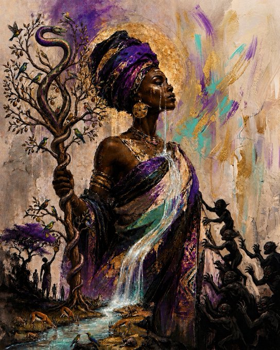 A vibrant mixed-media painting of an African woman in purple traditional attire and a head wrap, holding a staff with a coiled serpent, surrounded by birds, a tree, and silhouetted figures, with golden and colorful brushstrokes in the background.