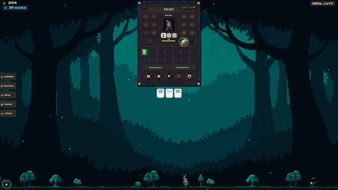 A pixel art video game screenshot showing a character inventory and equipment menu over a dark forest background.