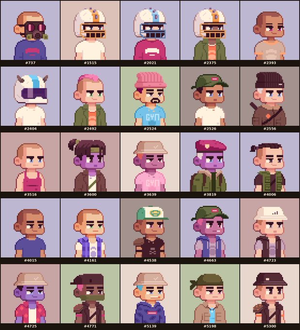 A grid displays twenty-five pixel art character avatars, each labeled with a number, showcasing various hairstyles, hats, and outfits.