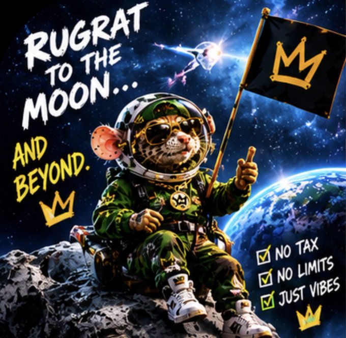 A meme illustration of a leopard in military fatigons and an astronaut helmet on the moon holding a flag with a gold crown, titled 'RUGRAT TO THE MOON... AND BEYOND.' with checkmarks for 'NO TAX, NO LIMITS, JUST VIBES'.