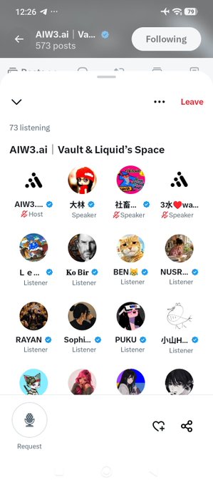 Screenshot of a Twitter/X Spaces interface for 'AIW3.ai | Vault & Liquid's Space' hosted by AIW3, showing 73 listening participants including speakers like 大林, 社畜, and 3水, and various listeners.