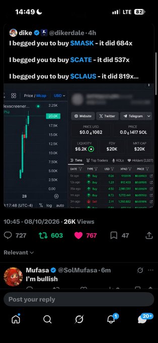A mobile Twitter/X post by 'dike' (@dikerdate) highlighting large cryptocurrency gains for tokens $MASK (684x), $CATE (537x), and $CLAUS (819x), accompanied by a Dexscreener chart.