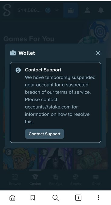 A Stake.com wallet screen shows a "Contact Support" notice stating the account has been suspended for a suspected breach of terms, alongside a $14,586 balance display—illustrating the user's complaint about having $115k in winnings held while being asked for source-of-funds verification and selfies.