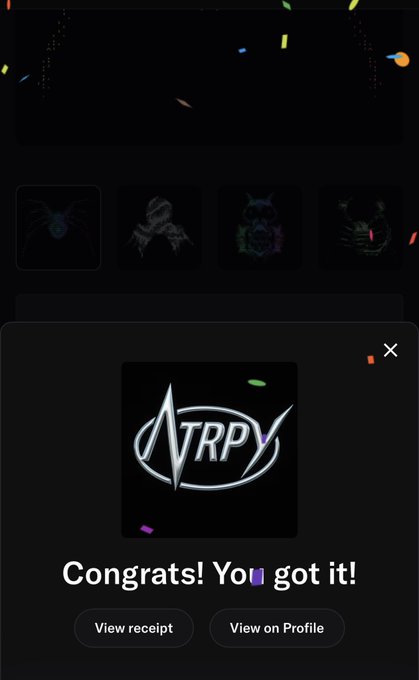 A digital 'Congrats! You got it!' notification displaying a VRPY logo with options to 'View receipt' or 'View on Profile.'