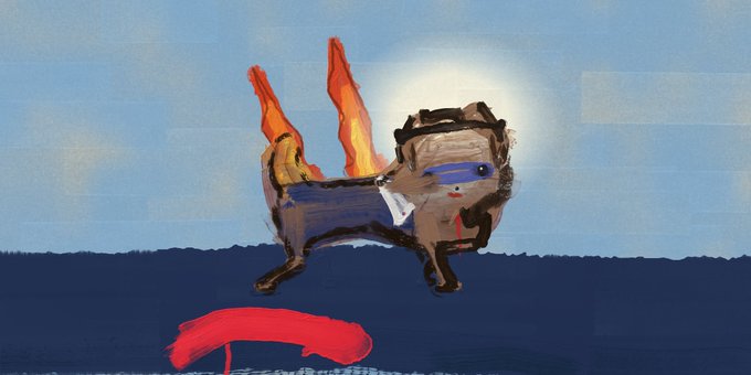 An abstract, childlike painting of an animal with bright orange flame-like horns or ears against a blue sky with a white sun, standing above a red shape on a dark blue ground.
