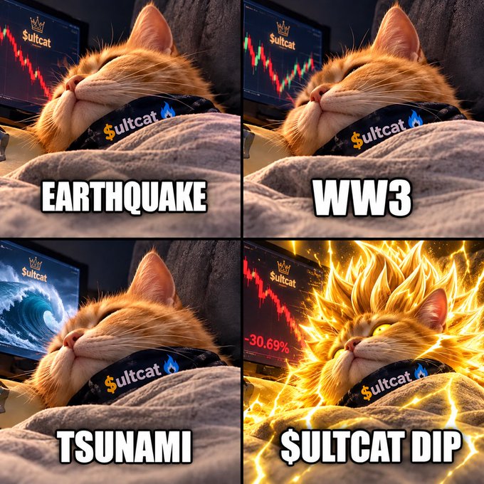 A four-panel meme featuring an orange cat labeled '$ultcat' sleeping peacefully while catastrophes like 'EARTHQUAKE', 'WW3', and 'TSUNAMI' occur, but transforming into a glowing Super Saiyan-like form during a '$ULTCAT DIP' shown on a -30.69% stock chart.