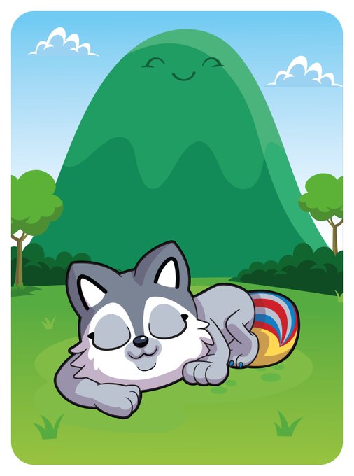 A cartoon illustration of a gray and white husky sleeping peacefully on green grass, with a colorful striped tail, a smiling green mountain, and trees in the background.
