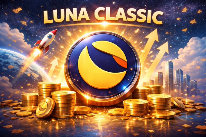 A vibrant promotional image displays the "LUNA CLASSIC" logo in gold lettering above its iconic yellow crescent emblem, surrounded by rising golden arrows, stacks of coins, and a rocket launching into a cosmic backdrop—visually symbolizing the bullish hopes of holders who remained invested despite the coin's catastrophic 2022 collapse.