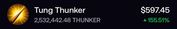 A price ticker for "Tung Thunker" (THUNKER) displayed at $597.45, showing a green upward trend of 155.51% and a balance of 2,532,442.48 THUNKER, supporting the post's claim about whales accumulating the token.