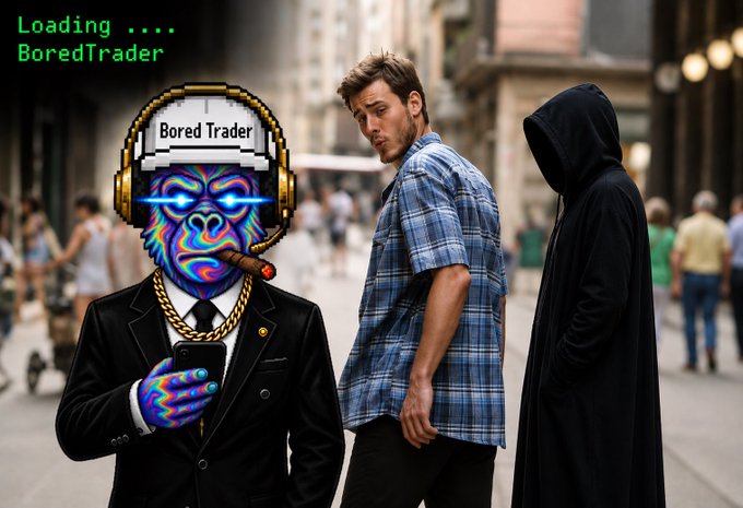 A street scene showing a person in a black coat looking at a colorful monkey figure wearing a 'Bored Trader' headset, while another man and a hooded figure walk by; green text reads 'Loading .... BoredTrader'.
