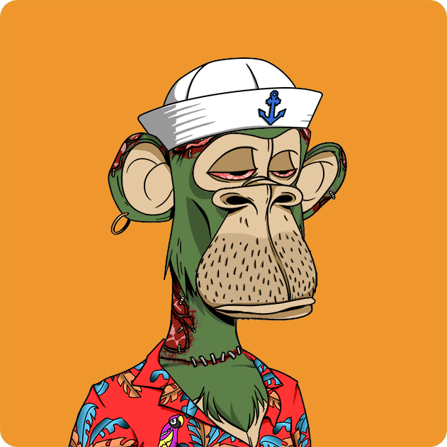 The image features a cartoon monkey wearing a sailor hat, a red shirt with blue flowers, and has tattoos on its face and arms. The monkey appears to be sitting against an orange background. There are no texts or other objects present in the image. The focus is solely on the monkey's attire and facial expressions.