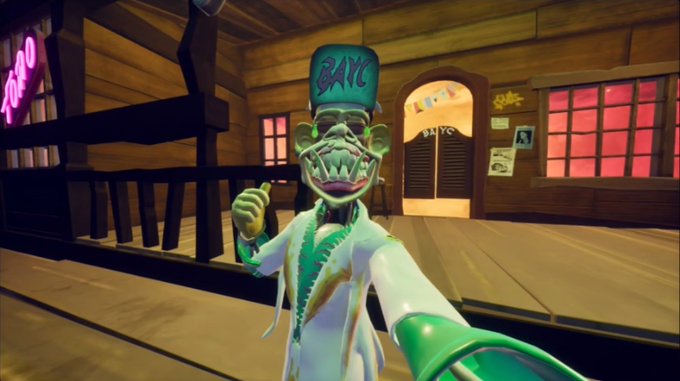 A screenshot from a video game showing a cartoonish green zombie-like character wearing a white doctor's coat and a green hat labeled "BAYC", standing in a wooden saloon interior.