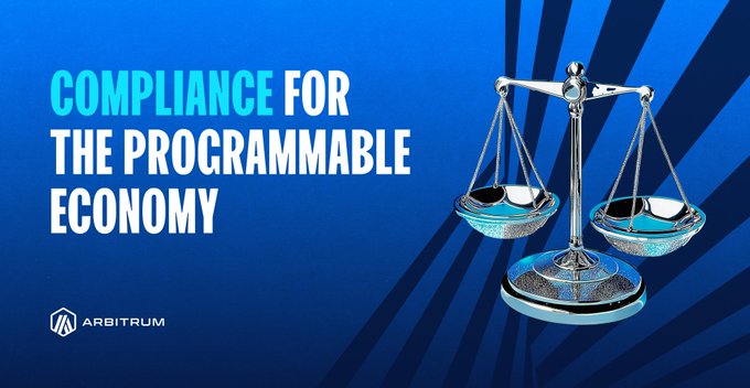 The image features a pair of scales, one silver and one blue, with the text "Compliance for the Programmable Economy" written above them. The focus of the image is on the scales, which are positioned at different heights, symbolizing the balance between compliance and programmability in the economy.