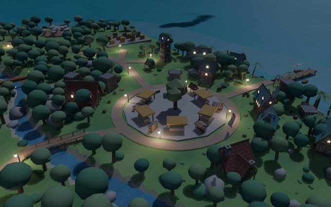 A low-poly 3D rendering of a nighttime village scene with trees, buildings, and a central circular plaza.