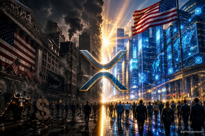 The image depicts the XRP cryptocurrency logo prominently displayed against a dramatic cityscape split between a traditional financial district (featuring American flags, the New York Stock Exchange, and a dollar sign bull statue) on the left and a futuristic blockchain network illuminated in blue light on the right, with crowds of people gathered in the center. A watermark reads "@TheCryptoSquire" in the bottom right corner, visually illustrating the post's message about XRP potentially bridging traditional finance and blockchain-based infrastructure as the global financial system evolves.
