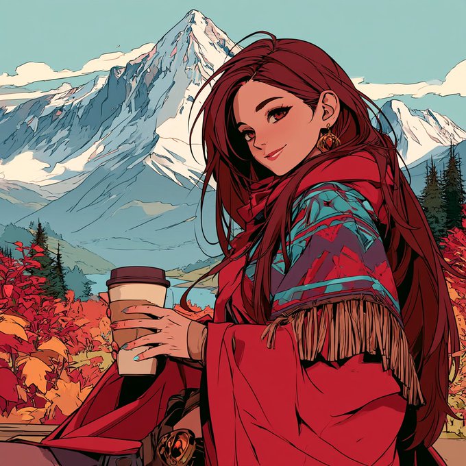 An anime-style illustration shows a woman with long dark red hair, wearing a red patterned shawl and earrings, holding a coffee cup against a backdrop of snow-capped mountains and autumn foliage.