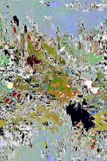 An abstract painting featuring a chaotic mix of colors and thick, textured brushstrokes in shades of green, blue, white, black, red, and yellow, with no recognizable figures, text, or discernible subject matter.