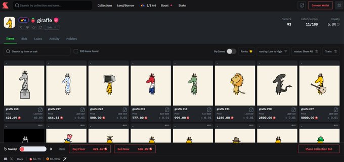 The image shows a CryptoPunks-style NFT marketplace displaying a collection called "giraffe" with item #66 priced at 421.69 AVAX ($56,764), which matches the post discussing the 421 AVAX floor price for the giraffe collection and its potential to mirror Ethereum Rocks' peak performance given the limited supply of 100 items.