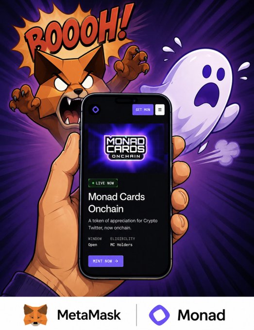 A comic-style advertisement for 'Monad Cards Onchain' NFT project on MetaMask, featuring an angry cat and a scared ghost around a phone displaying the minting page with a 'GET NOW' button.