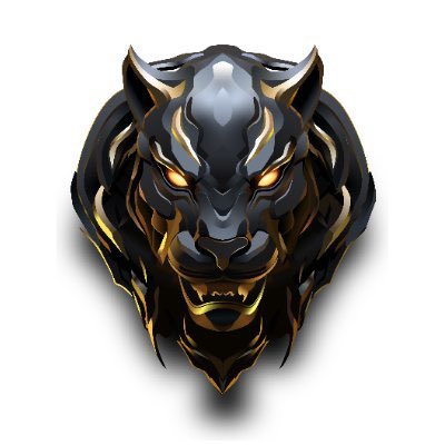 Stylized illustration of a black and gold panther head logo with glowing orange eyes on a white background.
