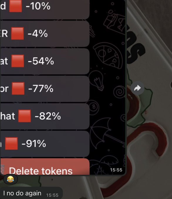 A Telegram-style message preview showing a list of items with red squares and negative percentages ranging from -10% to -91%, with a 'Delete tokens' button and chat text 'I no do again'.