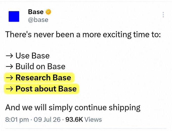 A tweet from 'Base' (@base) listing 'Use Base', 'Build on Base', 'Research Base', and 'Post about Base' as exciting activities, with the last two highlighted in yellow.