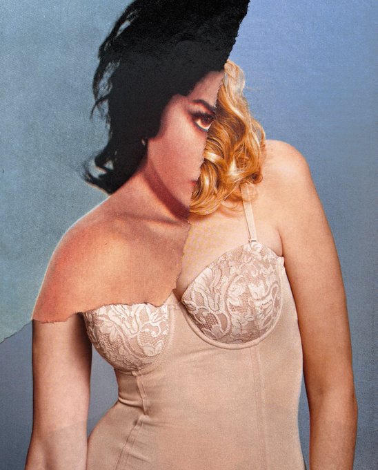 An artistic collage portrait of a woman with black and blonde hair wearing a beige lace bra.