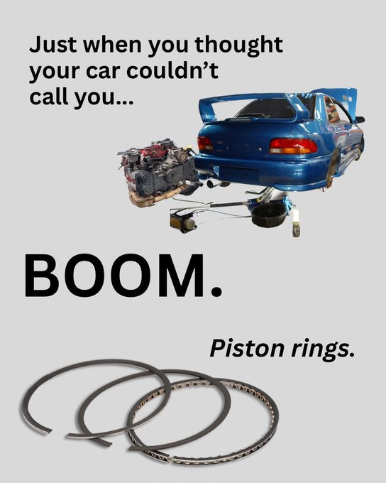 The image features an advertisement with a blue car that has been taken apart, revealing its engine underneath. The text of the advertisement reads "Just when you thought your car couldnt call you... Boom." This phrase is related to the concept of a piston ring being used as a metaphor for the explosion or sudden release of energy in the context of the car's engine.