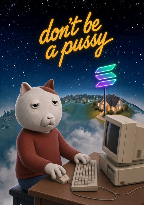 A 3D-rendered white cat wearing a red sweater sits at a vintage computer with neon text reading 'don't be a pussy' against a starry sky backdrop.