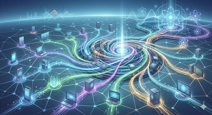 The image features a complex network of computer servers, each connected by colorful lines that represent data transfer paths. The servers are arranged in various positions throughout the scene, creating an intricate web-like pattern. The colors used for the connections range from blue to green, purple, and orange. This visually striking display is reminiscent of the interconnected nature of technology and communication systems.