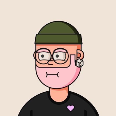 Cartoon-style avatar of a person with a green beanie, glasses, a pink face covering, a die earring, and a black shirt with a pink heart.