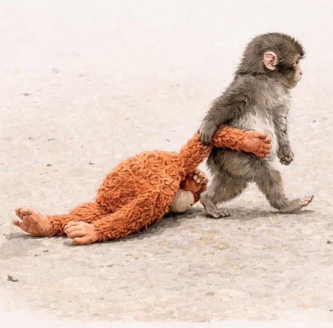 A small gray monkey walks determinedly forward while dragging a worn, orange-brown stuffed orangutan toy behind it across a dusty surface. The image mirrors the post's metaphor of reviving "$PUNCH" from the depths of obscurity, with the monkey symbolically carrying its companion back into view.