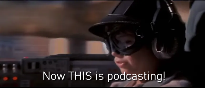 The image features a person wearing a pilot's hat, with their face partially visible behind the hat. They are looking at something or someone outside of the frame. The caption below the image reads "Now This is podcasting!", indicating that this is an advertisement for a podcast related to aviation.