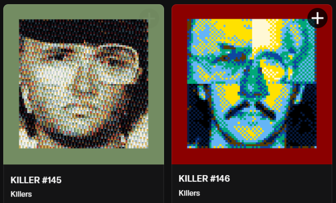 Two pixel-art style portrait NFT cards labeled 'KILLER #145' (green border) and 'KILLER #146' (red border), both tagged 'Killers'.