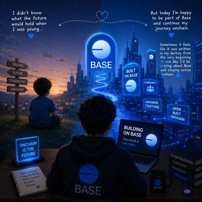 The image features a man sitting at a desk with two laptops, one of which has a blue screen that displays "Base" written on it. The other laptop shows an open book titled "Focus on what is in the image". In the background, there are several buildings and signs, including one sign that says "Open." A child can be seen sitting at the desk as well.