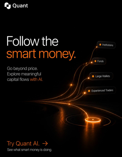 A Quant advertisement with a black background featuring orange glowing orbital lines connecting labels for "Institutions," "Funds," "Large Wallets," and "Experienced Traders." The text reads "Follow the smart money. Go beyond price. Explore meaningful capital flows with AI. Try Quant AI."