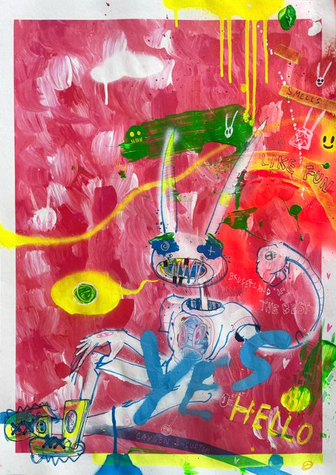 A chaotic, neo-expressionist painting in pink, yellow, and green features a cartoonish creature with a wide grin, dripping paint, and scattered text including "SMELLS LIKE FUN," "IT'S BEST," "HELLO," and the artist's signature "CAYDEN 2 CUSTOMHorror," matching the post's promotion of a 2SOL reserve and physical unlockable for the artwork.