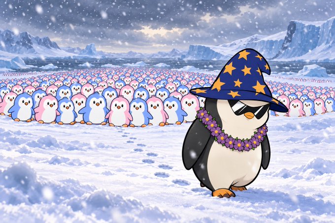 The image shows a cartoon penguin dressed as a wizard with a star-patterned hat and a flower lei, standing in front of a massive crowd of small penguins in an icy landscape. The caption appears to express disappointment in the Pudgy Penguins NFT project, likely symbolizing the user's disillusionment with the once-beloved penguin community following announcements made at TOKEN2049.