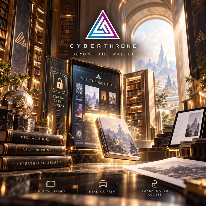 Promotional graphic for 'CYBERTHRONE - BEYOND THE WALLET', depicting an ornate fantasy library with digital devices showing 'CYBERTHRONE LIBRARY' and options for 'DIGITAL BOOKS', 'READ OR PRINT', and 'TOKEN-GATED ACCESS'.