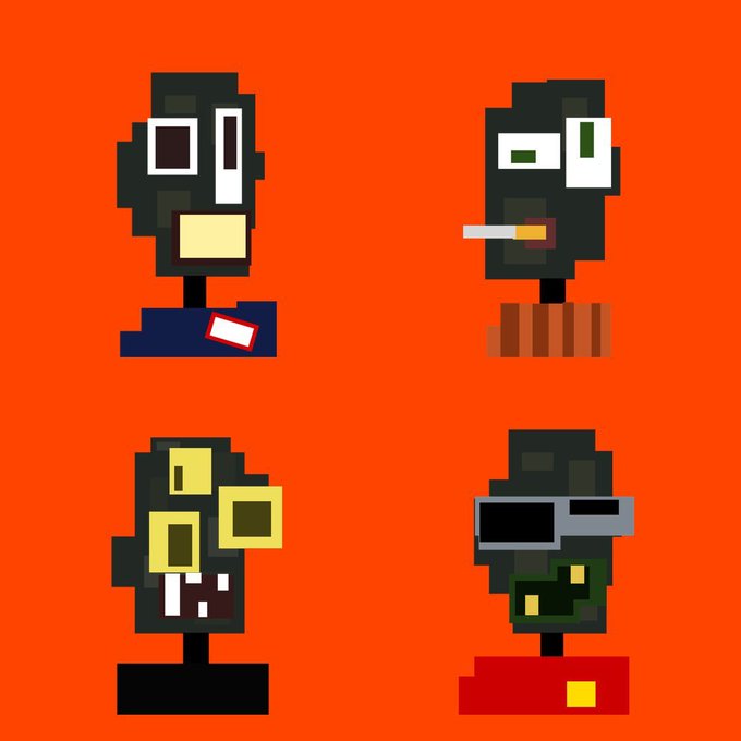 Four pixel-art zombie heads with blocky features, varied eye shapes, and exposed teeth or cigarettes, set against a bright orange background.