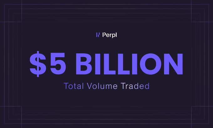 A promotional graphic for 'Perpl' displaying the text '$5 BILLION Total Volume Traded' in large purple letters on a dark background.
