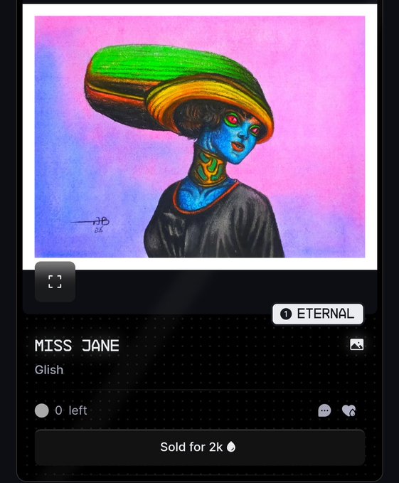The image shows a digital artwork titled "MISS JANE" by the artist "Glish," depicting a blue-skinned woman with vibrant green and yellow hair wearing a black top against a pink and blue background. The NFT has been sold for 2k on the Drip.haus platform (tagged as "ETERNAL"), with 0 remaining, matching the post celebrating the sale to user @gladAuc18.